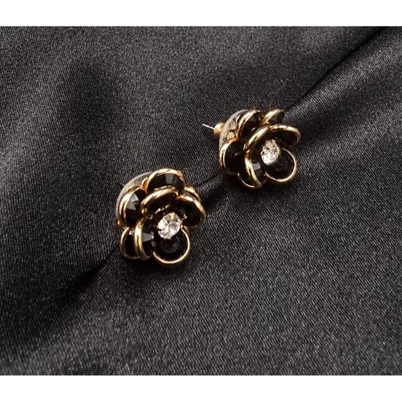 Vintage 1990s Swarovski Black & Gold Flower Crystal Stud Earrings - Picture 3 of 6